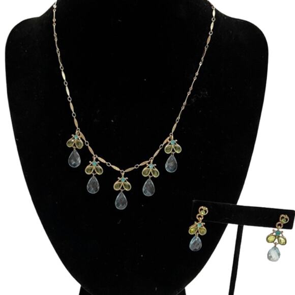 Light Blue Green Teardrop Crystal Necklace Earring Gold Tone Set 2028 Brand - Picture 1 of 7